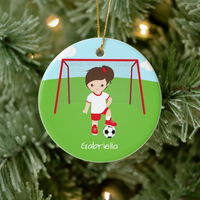 Personalized Brown Haired Soccer Girl Christmas Ceramic Ornament (Tree)