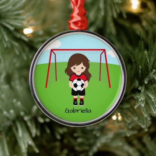Personalized Brown Haired Soccer Girl Christmas Metal Ornament