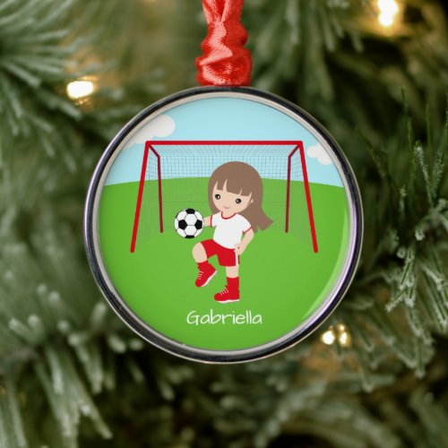 Personalized Brown Haired Soccer Girl Christmas Metal Ornament