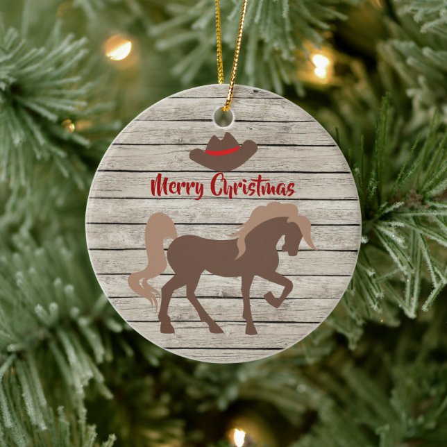 Personalized Brown Horse and Cowboy Hat Christmas Ceramic Ornament (Tree)