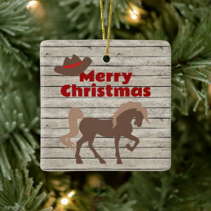 Personalized Brown Horse and Cowboy Hat Christmas Ceramic Ornament