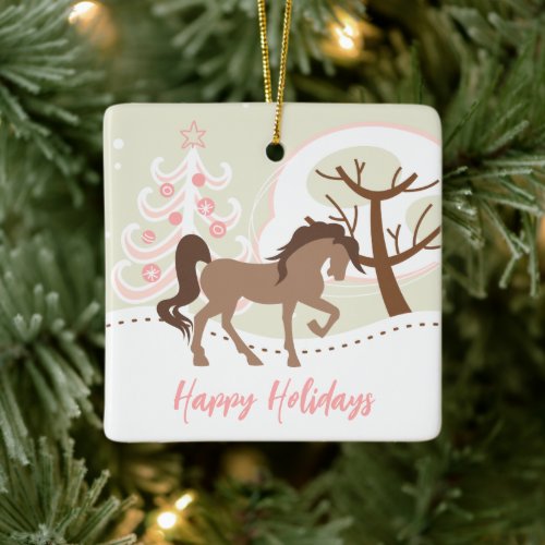 Personalized Brown Horse Pink Snowy Christmas Ceramic Ornament