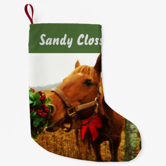 Personalized Brown horse red bow & Mistletoe Small Christmas Stocking (Front)