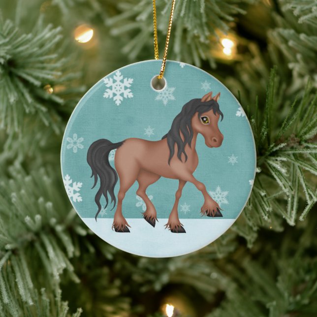 Personalized Brown Horse Snowy Holiday Christmas Ceramic Ornament (Tree)