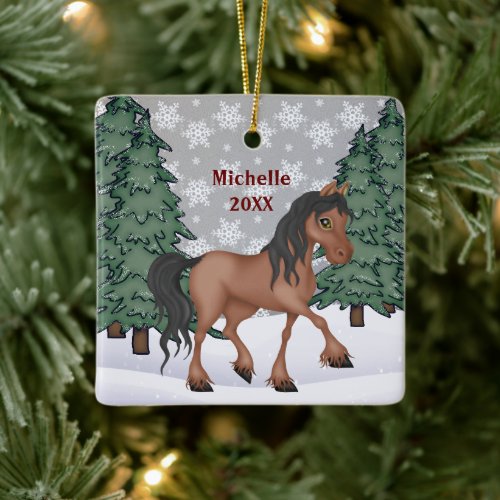 Personalized Brown Horse Winter Forest Christmas Ceramic Ornament