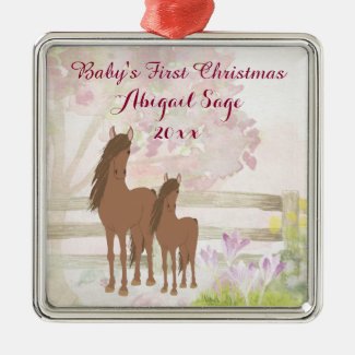 Personalized Brown Horses Baby's 1st Christmas Metal Ornament