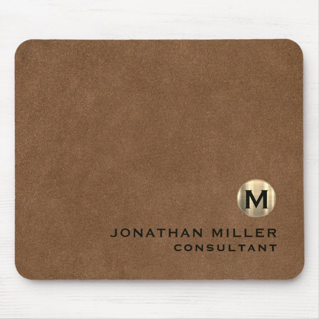 Personalized Brown Leather Gold Monogram Mouse Pad (Front)