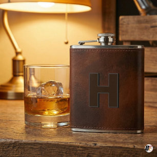 Personalized Brown Leather Hip Monogram Initial H  Flask