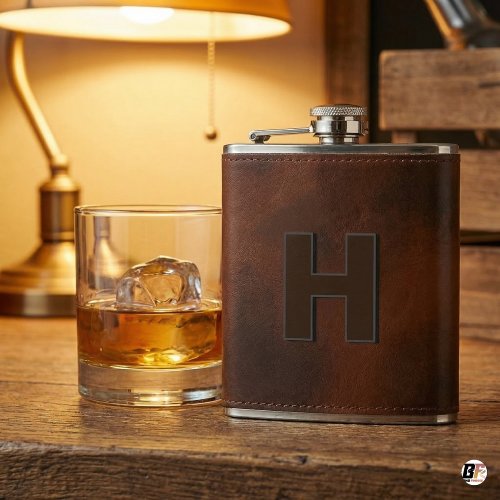 Personalized Brown Leather Hip Monogram Initial H Flask