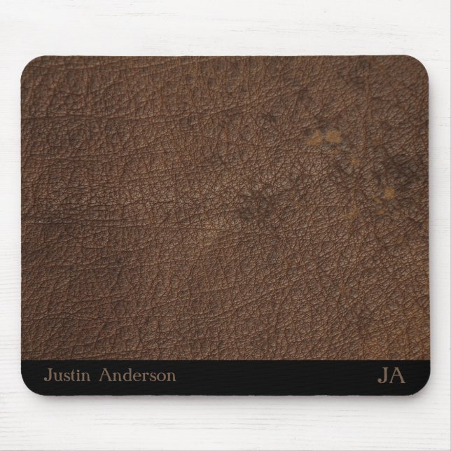 Personalized Brown Leather Mouse Mat with Initials (Front)