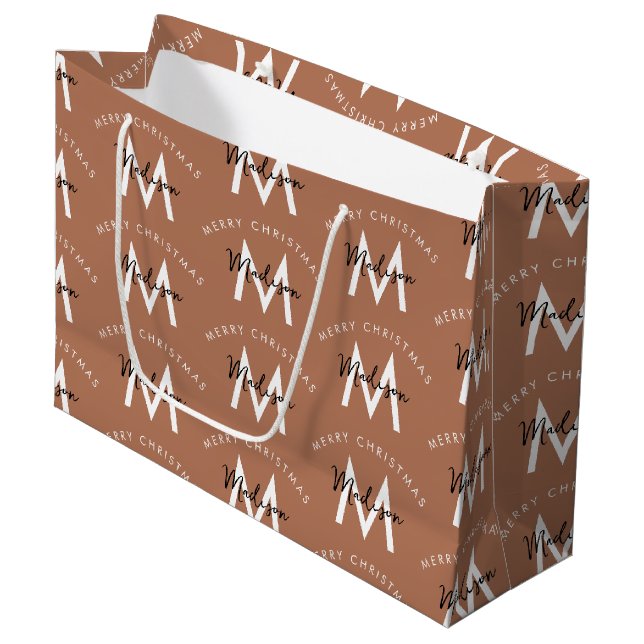 Personalized Brown Merry Christmas Red Monogram Large Gift Bag (Front Angled)