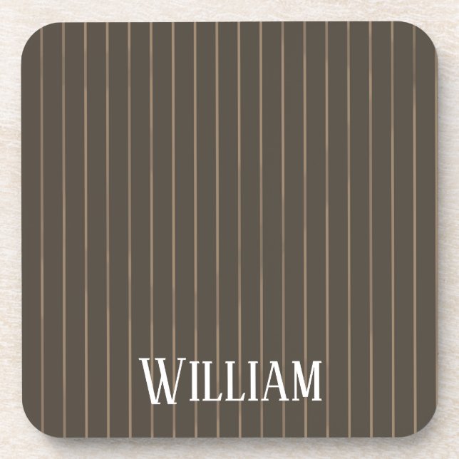 Personalized brown retro pinstripes beverage coaster (Front)