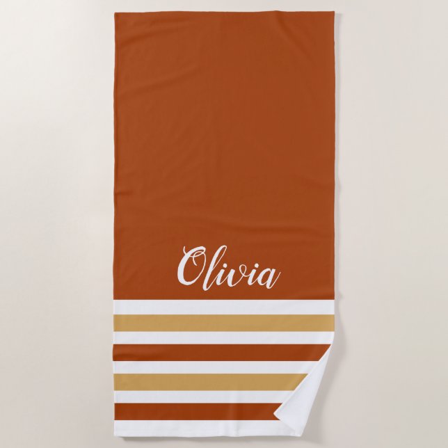 Personalized Brown Sand And White Striped Beach Towel (Front)