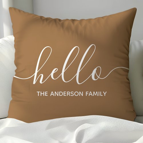 Personalized Brown Script Hello Throw Pillow