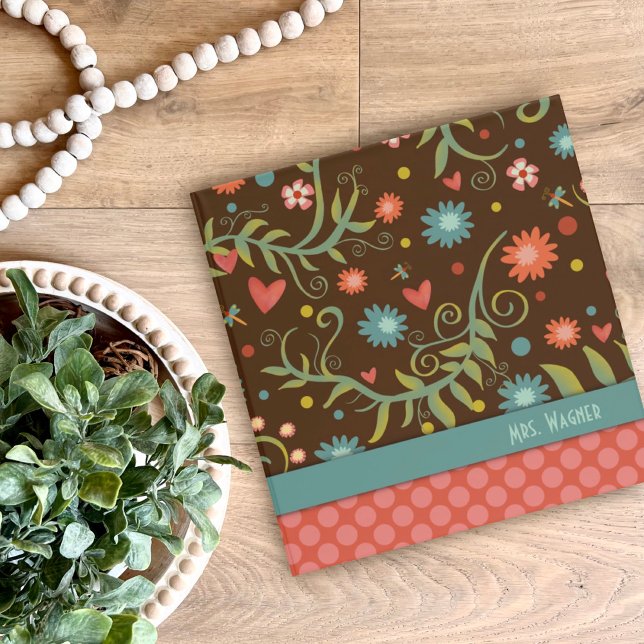 Personalized Brown Teacher Pretty Floral Heart 3 Ring Binder (Creator Uploaded)