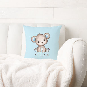 Personalized Brown Teddy Bear Baby Boy Blue Throw Pillow