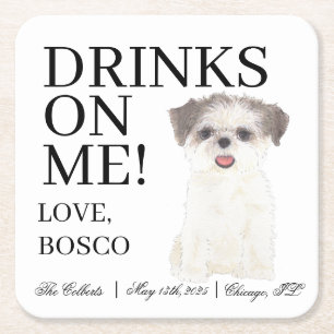 Personalized Brown & White Golden Shih Tzu Wedding Square Paper Coaster