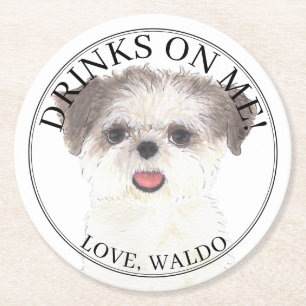 Personalized Brown & White Shih Tzu Dog Wedding Round Paper Coaster