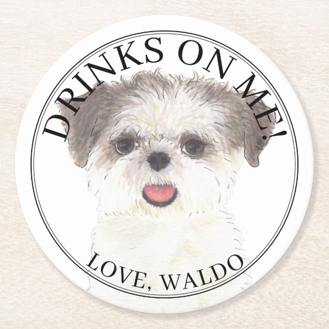 Personalized Brown & White Shih Tzu Dog Wedding Round Paper Coaster (Front)