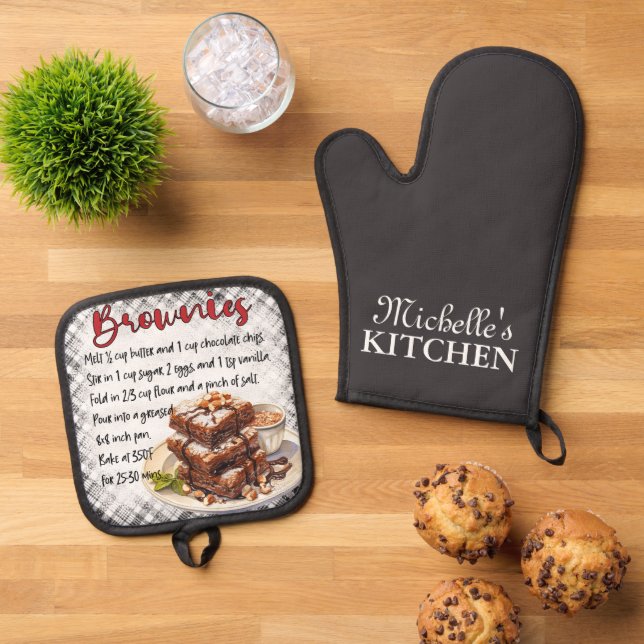 Personalized Brownies Baking Recipe Oven Mitt & Pot Holder Set (Top Down)