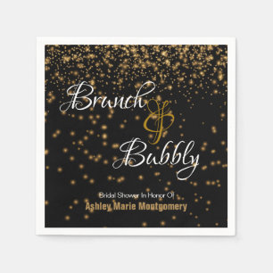 Personalized Brunch Bubbly Gold Confetti on Black Napkins