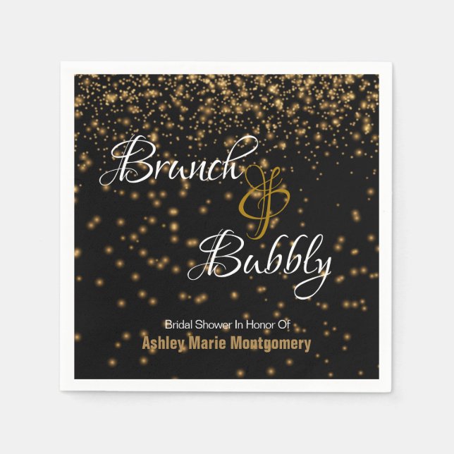 Personalized Brunch Bubbly Gold Confetti on Black  Napkins (Front)