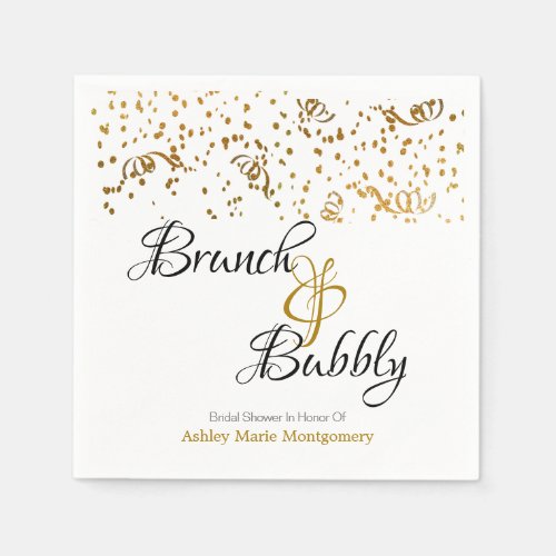 Personalized Brunch Bubbly Gold Confetti on White Napkins