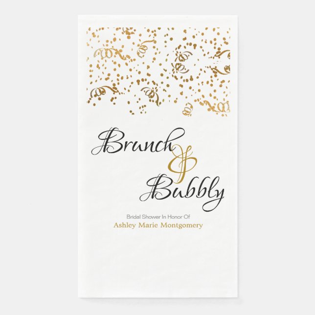 Personalized Brunch Bubbly Gold Confetti Streamers Paper Guest Towels (Front)