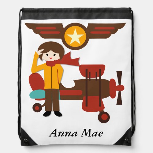Personalized Brunette Girl Pilot Drawstring Bag