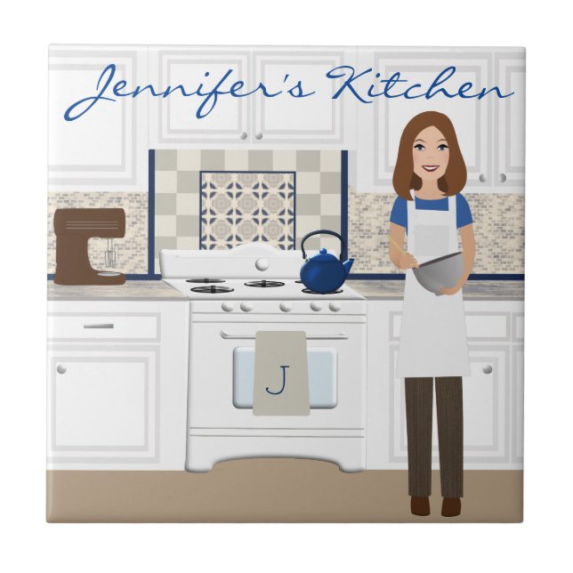 Personalized Brunette Kitchen Cook Tile (Front)