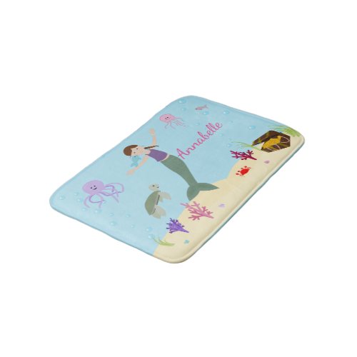 Personalized Brunette Mermaid and Ocean Friends Bathroom Mat