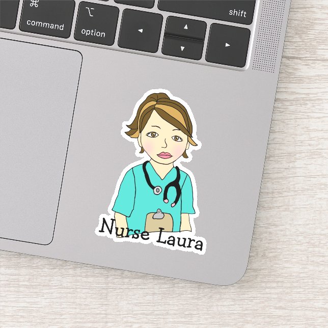 Personalized Brunette Nurse or Caregiver Name Sticker (Detail)