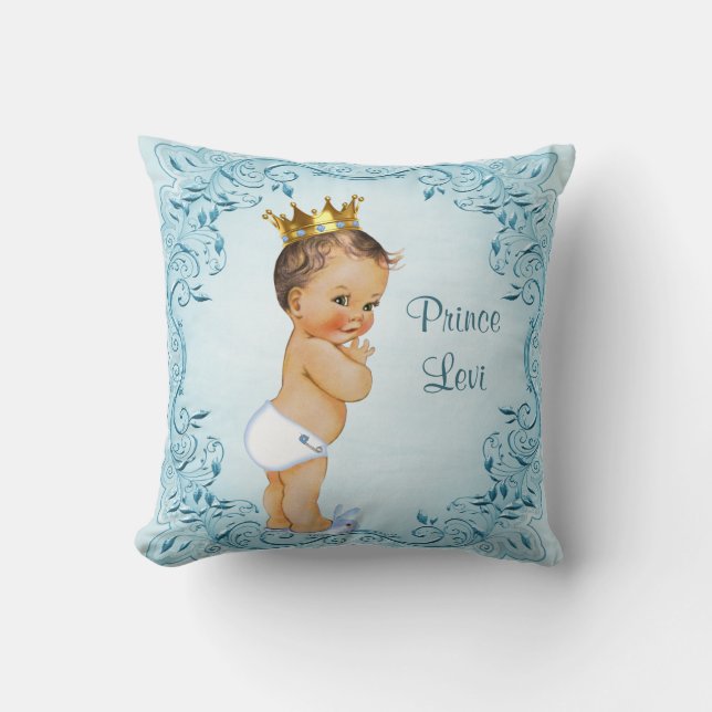 Personalized Brunette Prince Blue Leaves Throw Pillow (Front)