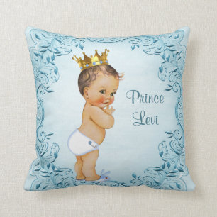 Personalized Brunette Prince Blue Leaves Throw Pillow