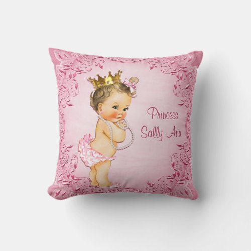 Personalized Brunette Princess Glamorous Pink Throw Pillow