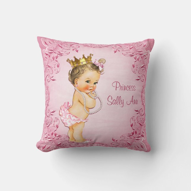 Personalized Brunette Princess Glamorous Pink Throw Pillow (Front)