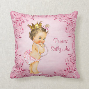 Personalized Brunette Princess Glamorous Pink Throw Pillow