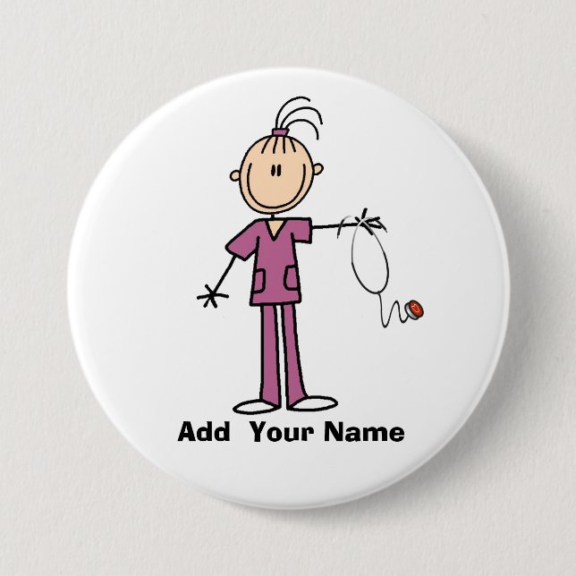 Personalized Brunette Stick Figure Nurse Button (Front)