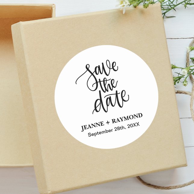 Personalized Brush Lettered Save the Date Wedding Classic Round Sticker (Creator Uploaded)