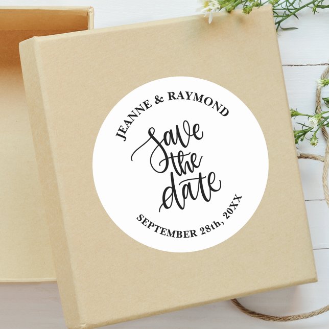 Personalized Brush Lettered Wedding Save the Date Classic Round Sticker (Creator Uploaded)
