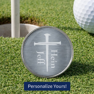 Personalized Brushed Metal Three Nails White Cross Golf Ball Marker