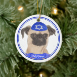 Personalized Brussels Griffon Hanukkah Yarmulke Ceramic Ornament<br><div class="desc">Celebrate your favorite mensch on a bench with personalized ornament! This design features a sweet illustration of a brussels griffon dog with a blue and white yarmulke. For the most thoughtful gifts, pair it with another item from my collection! To see more work and learn about this artist, visit her...</div>