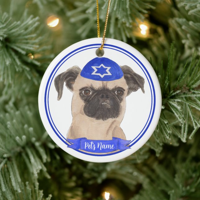 Personalized Brussels Griffon Hanukkah Yarmulke Ceramic Ornament (Tree)