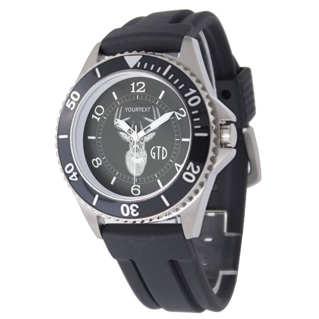 Personalized Buck trophy on Black White Tail Deer Watch (Angled)