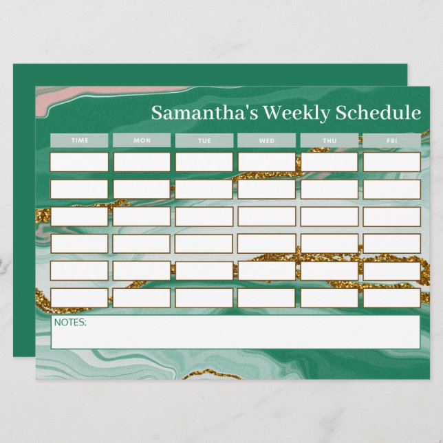 Personalized Budget Green Marble Class Schedule  (Front/Back)