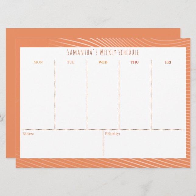 Personalized Budget Orange Weekly Schedule (Front/Back)