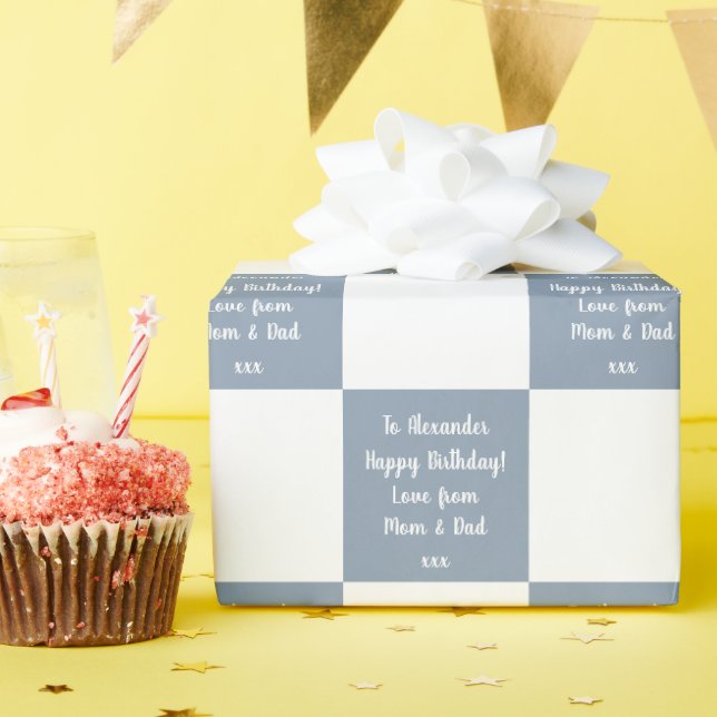Personalized Buffalo Check Blue Happy Birthday Wrapping Paper (Birthday Party)