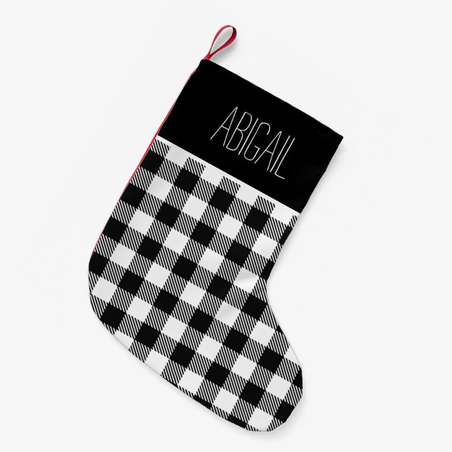 Personalized Buffalo Check Plaid White Black Small Christmas Stocking (Front (Hanging))