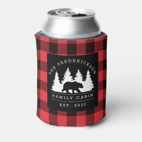 Personalized Buffalo Plaid Bear Forest Cabin Can Cooler
