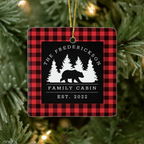 Personalized Buffalo Plaid Bear Forest Cabin Ceramic Ornament